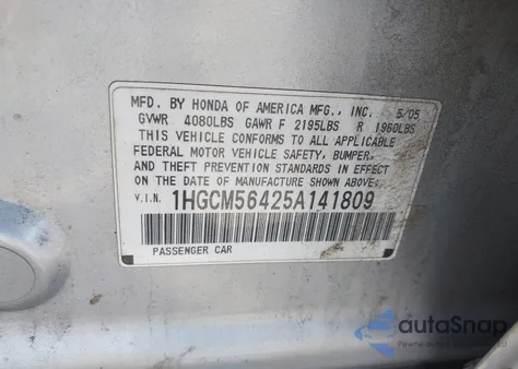 2005 Honda Accord 2.4 Lx из США, поврежденный, VIN 1HGCM56425A141809